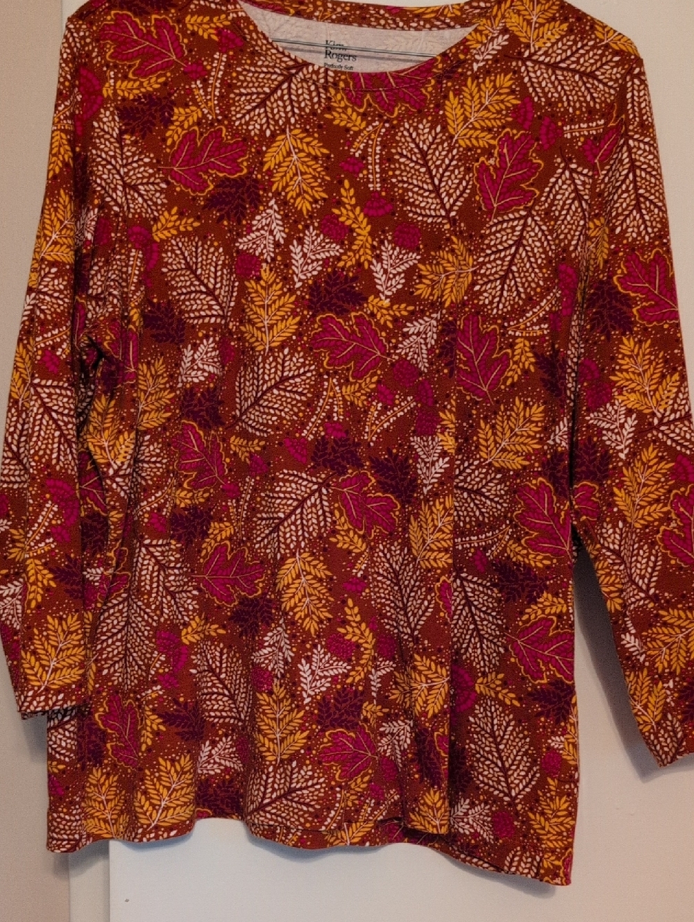 Kim Rogers Rust Leaf-Print Long Sleeve Top with Mustard & Magenta Accents
